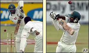 Bangladesh's Hannan Sarkar is bowled by Makhaya Ntini 