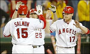 Garret Anderson hits a three-run double, scoring David Erkstein, Darin Erstad and Tim Salmon 