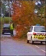 A policeman directs traffic past a fallen tree