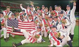 Team USA celebrate beating Cuba to the Olympic baseball gold in 2000