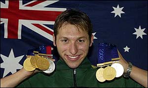 Ian Thoirpe with his medals - six gold and one silver