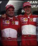 Rubens Barrichello and Michael Schumacher celebrate another one-two at the Japanese Grand Prix
