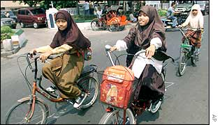 Muslim students cycling in Jakarta