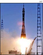 Soyuz booster rocket blasting off from Kazakhstan