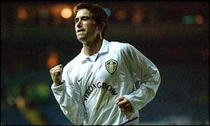 Leeds forward Harry Kewell celebrates his 81st minute winner at Elland Road