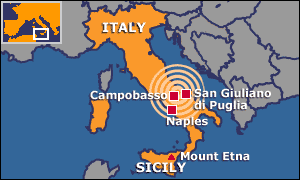 Map of Italy showing epicentre of earthquake
