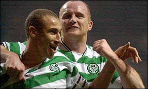 Henrik Larsson celebrates his goal, set up by John Hartson