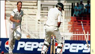 Hasan Raza is bowled by Andy Bichel
