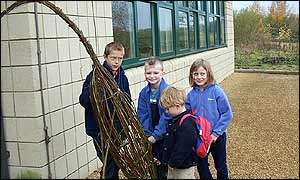 Schoolchildren and heron