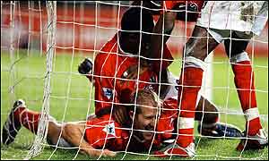 Charlton's John Robinson celebrates Gary Rowett's equaliser