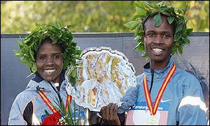 Chepchumba and Rop celebrate their marathon wins in New York