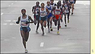 Rodgers Rop of Kenya leads the mens group in the 33rd annual New York City marathon