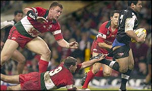 Stacey Jones of New Zealand breaks through a Welsh tackle