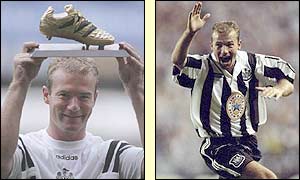 Alan Shearer receives an award for being the top scorer at Euro 96 then celebrates his first Newcastle goal against Wimbledon