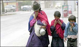 Quito residents crossing road with faces covered
