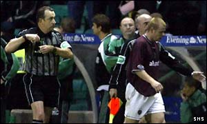 Phil Stamp is dismissed by referee Willie Young