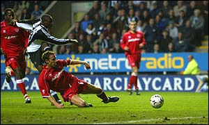 Newcastle Shola Amoebi scores in the North East derby