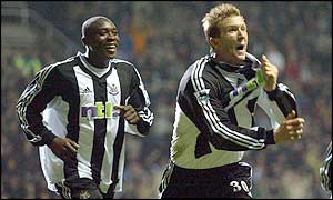 Stephen Caldwell (right) celebrates scoring Newcastle's second goal