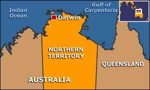 Map showing Northern Territory and the capital, Darwin