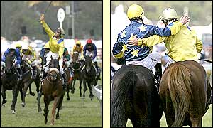 Damien Oliver celebrates victory in the Melbourne Cup