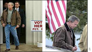 US President George W Bush leaves the polling station (left) and heads back to the ranch (right)