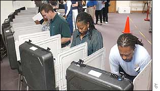 Voters in Georgia in a polling station voting with touch screen technology