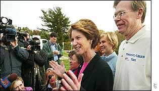 Kathleen Kennedy Townsend jokes with journalists after voting 