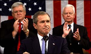 Dennis Hastert and Robert Byrd listen to President Bush's address