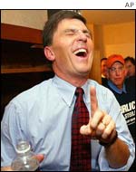 Robert Ehrlich, jokes with supporters in his hotel suite while awaiting election returns