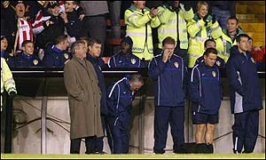 The Leeds bench are downcast and Leeds boss Terry Venables comes under fire from Leeds fans as the team lose again