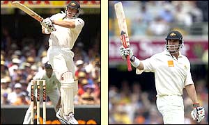 Australian opener Mattie Hayden raises his bat to the crowd as he reaches his century
