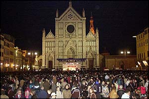 People attend the opening of Florence's anti-globalisation meeting 