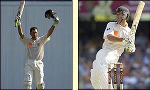 Ricky Ponting celebrates reaching his hundred before being snared by Ashley Giles