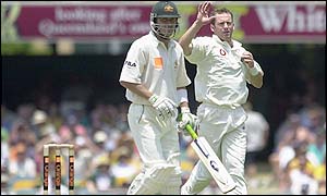 Craig White claims his first Ashes wicket after Damien Martyn is caught by Trescothick off his delivery
