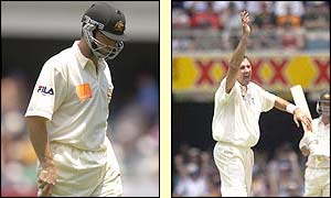 Australia captain Steve Waugh trudges off while Andy Caddick celebrates
