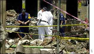 Police search the scene of the bombing at the Sari nightclub in Bali