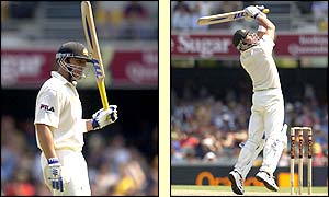 Shane Warne celebrates a half-century for Australia but is caught out by Mark Butcher shortly afterwards