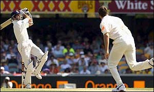 Vaughan puts away a short delivery from McGrath