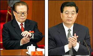 Chinese President Jiang Zemin (left) and his expected successor Hu Jintao