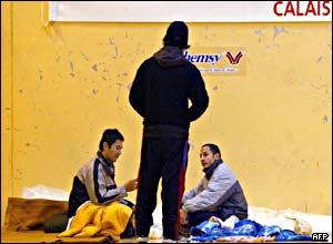 Refugees in a gymnasium in Calais