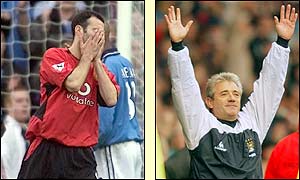 Manchester United's Ryan Giggs despairs as Manchester City boss Kevin Keegan celebrates