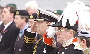 The Duke of York with the Governor of the Falkland Islands Donald La Mont (right) at the 1982 Liberation Monument at Port Stanley