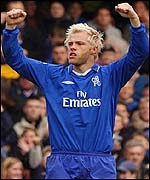 Chelsea's Eidur Gudjohnsen celebrates his recall with two goals