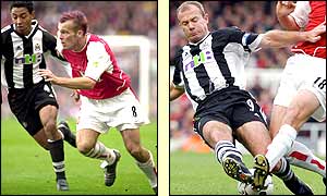 Freddie Ljungberg runs to reach a cross while Newcastle's Alan Shearer makes a sliding tackle as both sides get stuck in