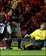 Gareth Southgate scores for Middlesbrough in the 1-0 win over Liverpool