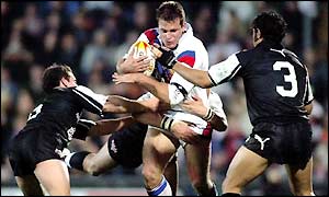 Stuart Fielden finishes up on the end of a heavy tackle in the 12th minute and wins a penalty