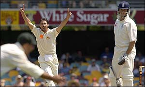 Australian paceman Jason Gillespie celebrates taking Marcus Trescothick's wicket