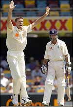 Vaughan is given out lbw