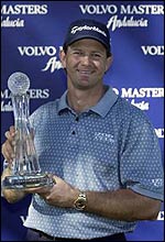 Retief Goosen poses with the Order of Merit trophy