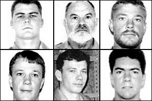 Suspects Jan Gouws, Gerhardus Visagie, Kobus Pretorius (top left to right) and Johan Pretorius, Wilhelm Pretorius and Herman van Rooyen (bottom left to right)